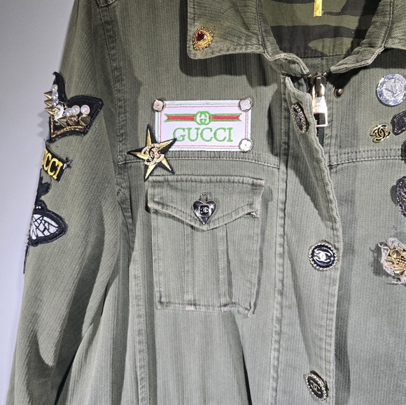 Military jacket size xl, designer inspired patchwork jacket, womens - Picture 8 of 11